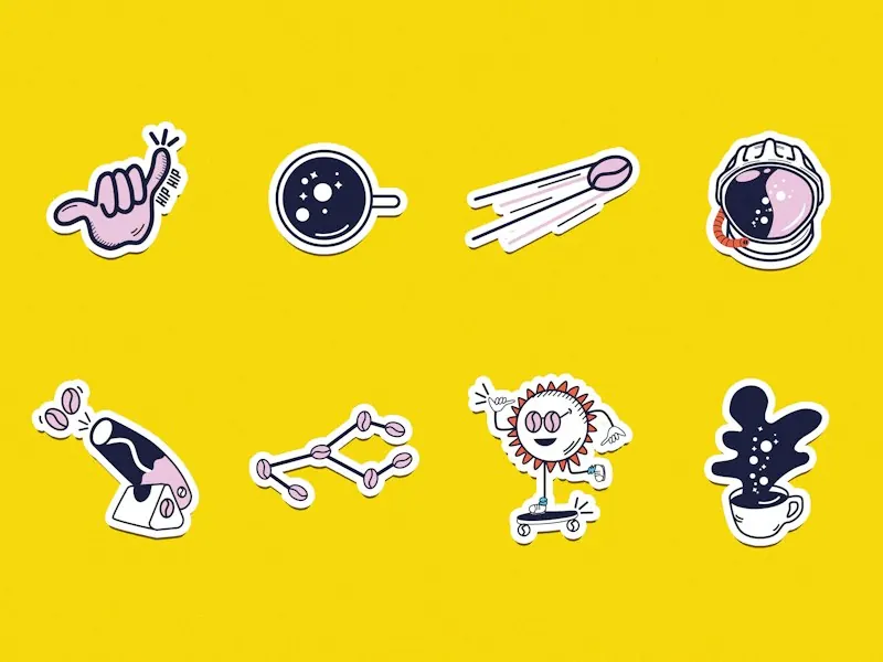 Stickers ilustrados sobre fondo amarillo