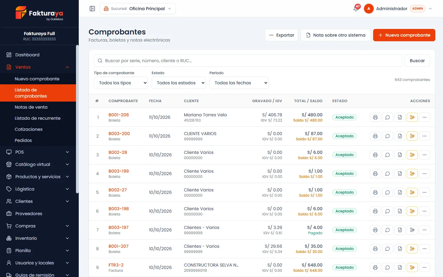 Listado de comprobantes electrónicos en FakturaYa