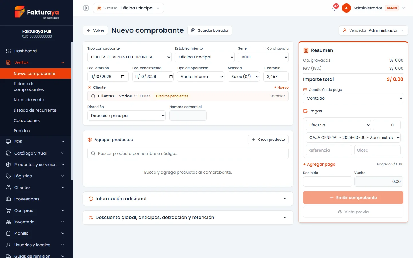 Pantalla para emitir un nuevo comprobante electrónico en FakturaYa
