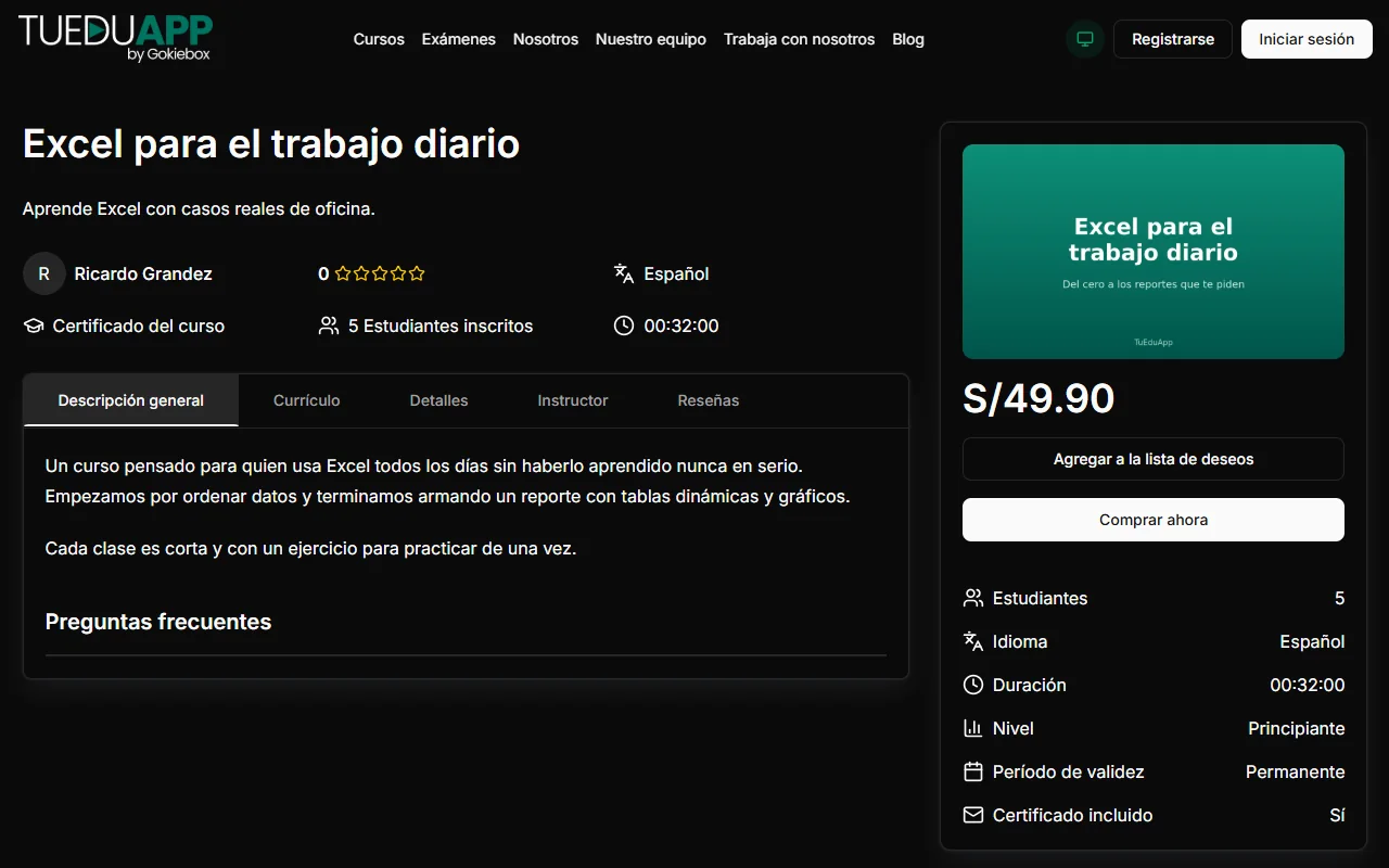Página de detalle de un curso en TuEduApp