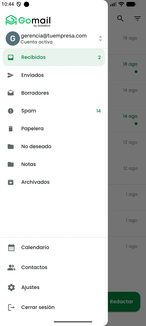 App GoMail: menú con Recibidos, Enviados, Calendario y Contactos